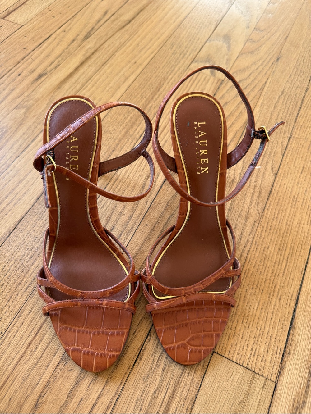 Lauren Ralph Lauren Croc-Embossed Strappy Heels in Brown